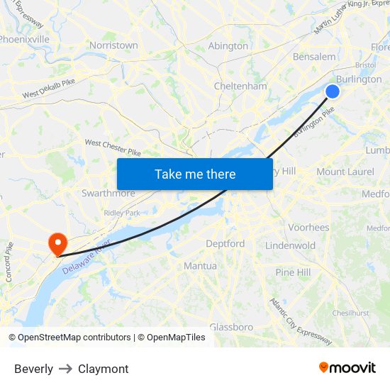 Beverly to Claymont map