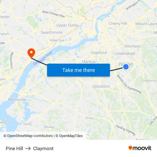 Pine Hill to Claymont map