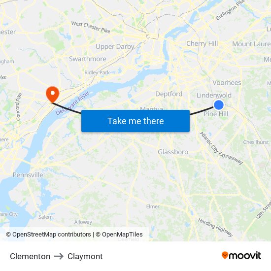 Clementon to Claymont map