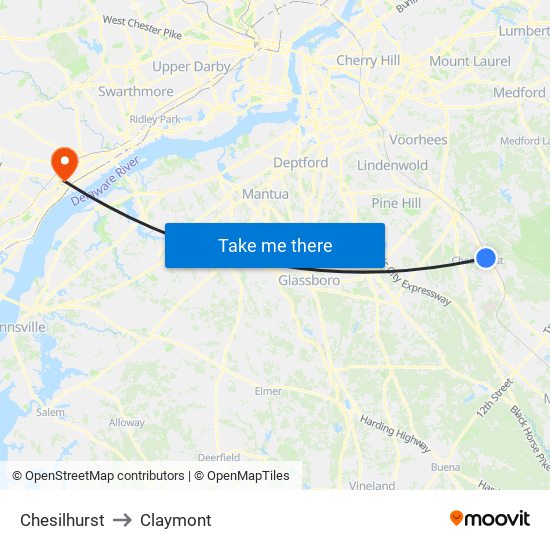 Chesilhurst to Claymont map