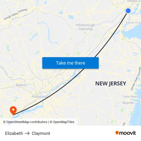 Elizabeth to Claymont map