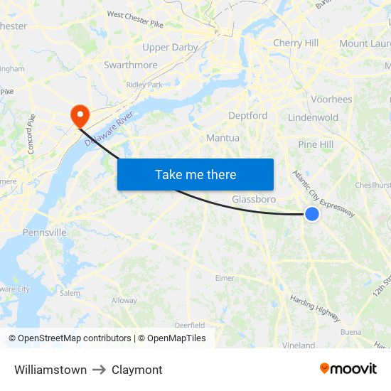 Williamstown to Claymont map