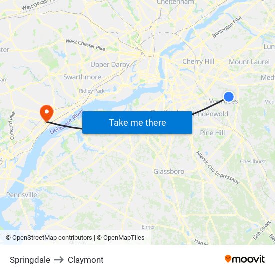 Springdale to Claymont map