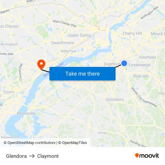 Glendora to Claymont map