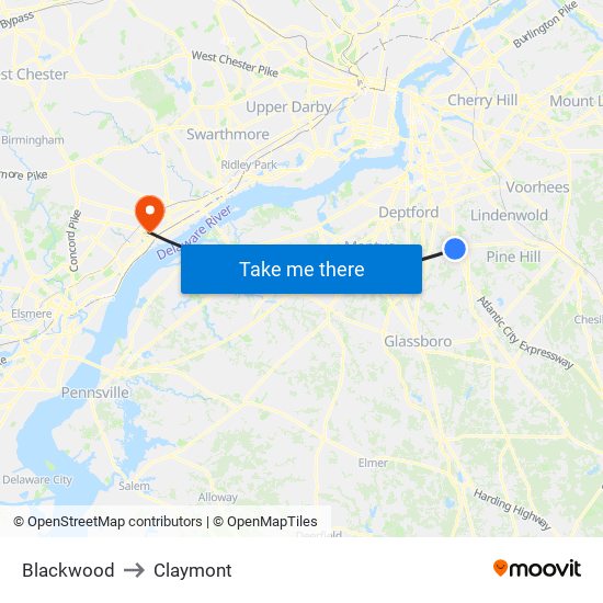Blackwood to Claymont map
