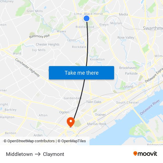 Middletown to Claymont map