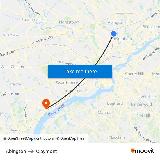 Abington to Claymont map