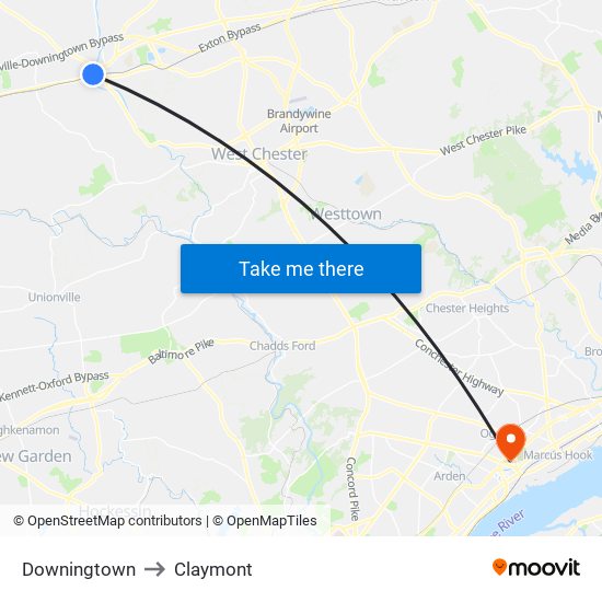 Downingtown to Claymont map