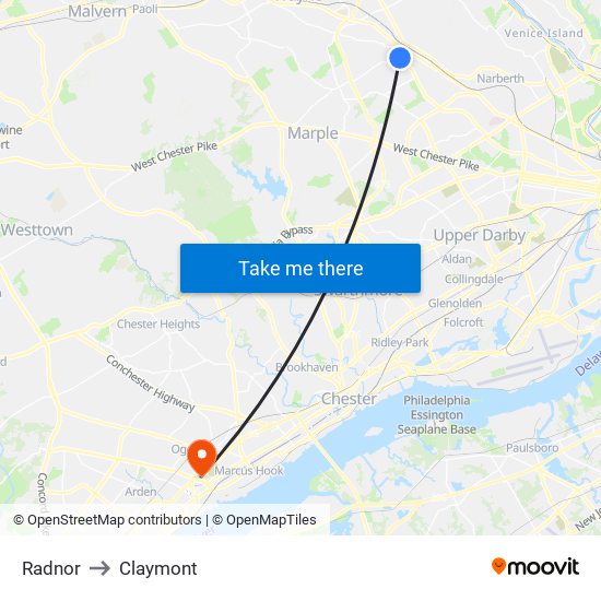 Radnor to Claymont map