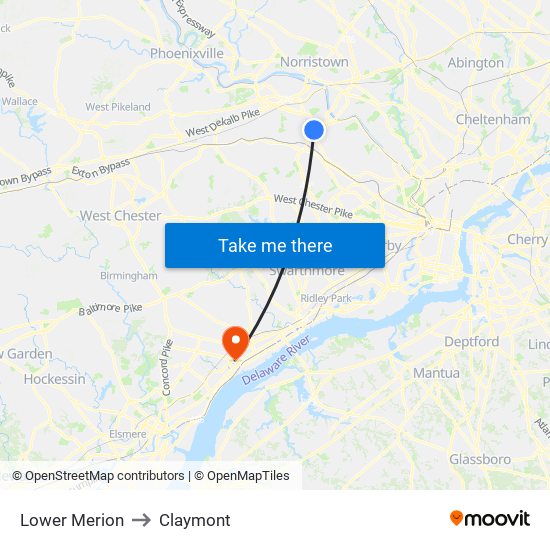 Lower Merion to Claymont map