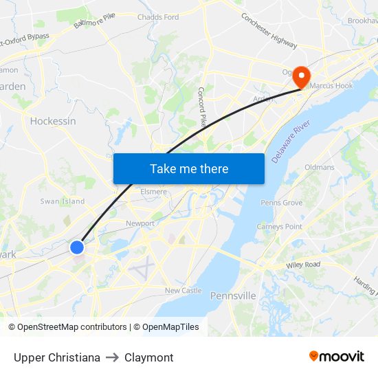 Upper Christiana to Claymont map