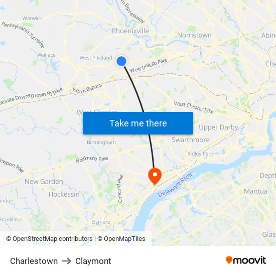 Charlestown to Claymont map