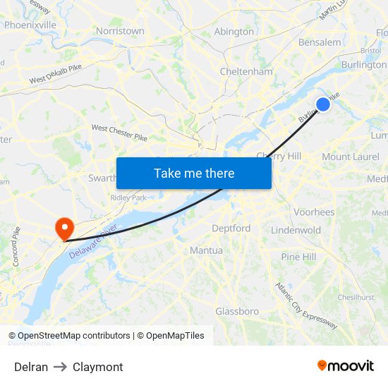 Delran to Claymont map