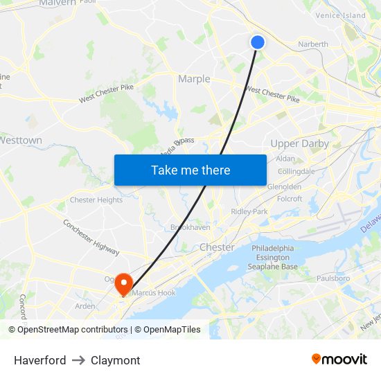 Haverford to Claymont map
