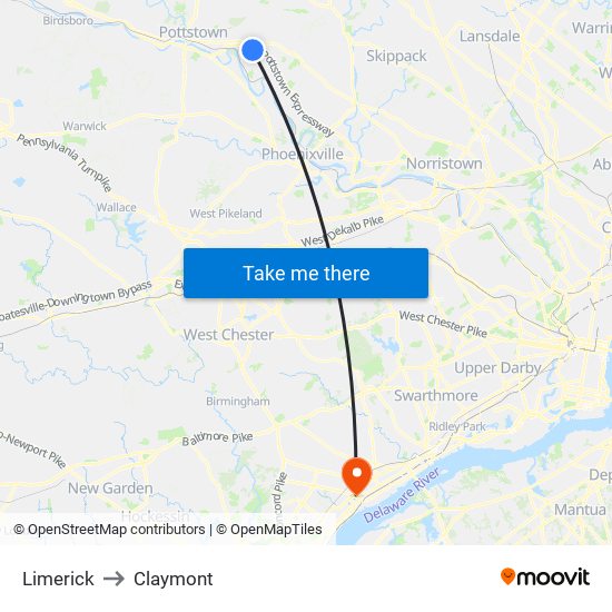 Limerick to Claymont map
