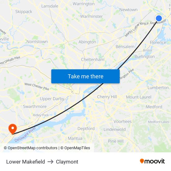 Lower Makefield to Claymont map