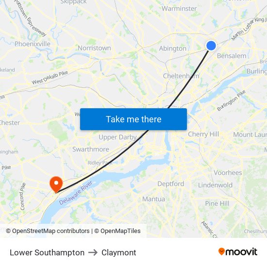 Lower Southampton to Claymont map