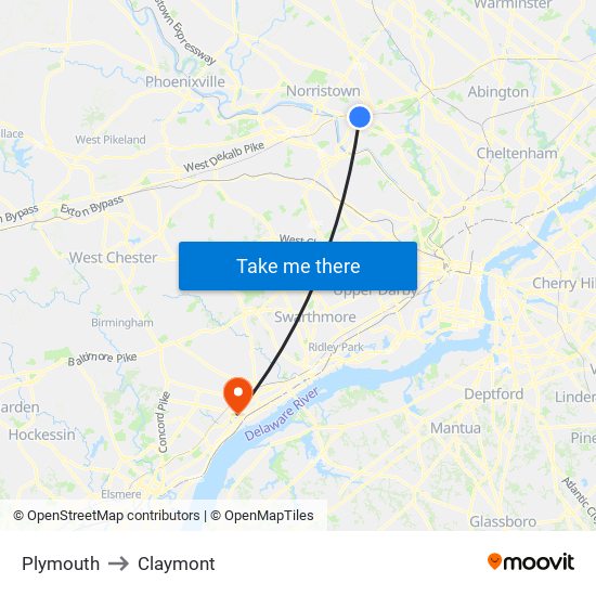 Plymouth to Claymont map