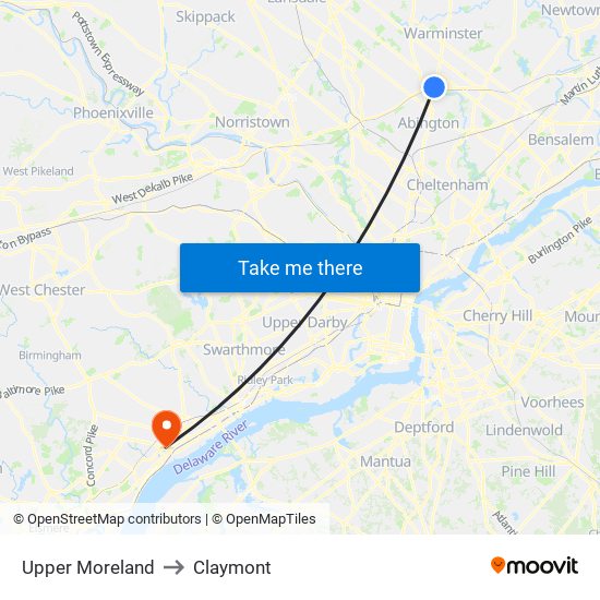 Upper Moreland to Claymont map