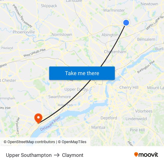Upper Southampton to Claymont map