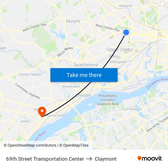 69th Street Transportation Center to Claymont map