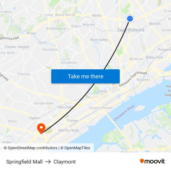 Springfield Mall to Claymont map