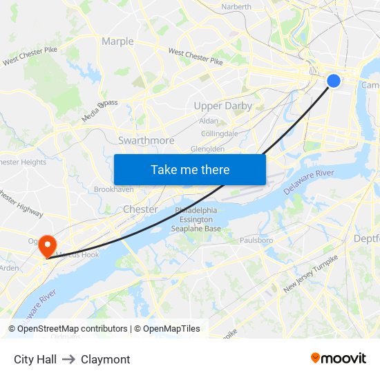 City Hall to Claymont map