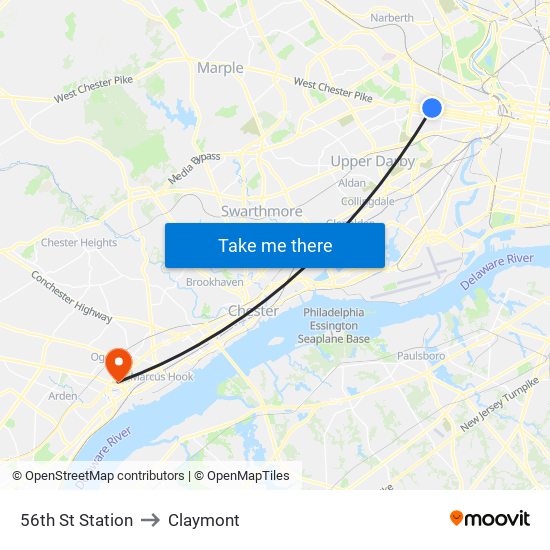 56th St Station to Claymont map