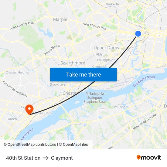 40th St Station to Claymont map