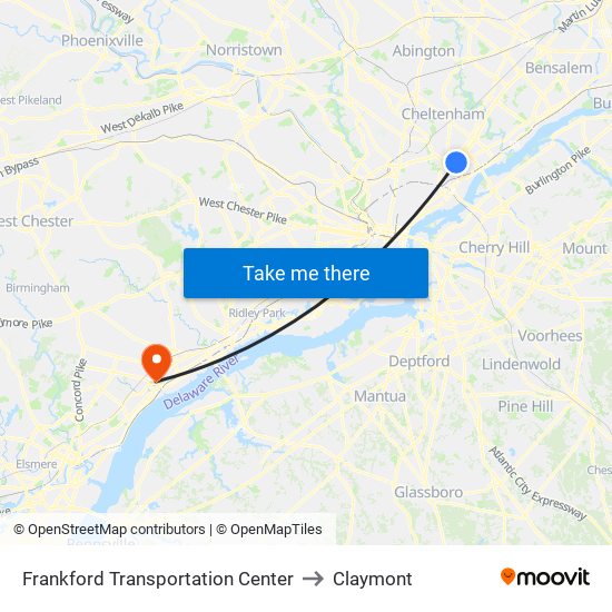 Frankford Transportation Center to Claymont map