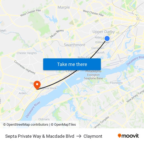 Septa Private Way & Macdade Blvd to Claymont map