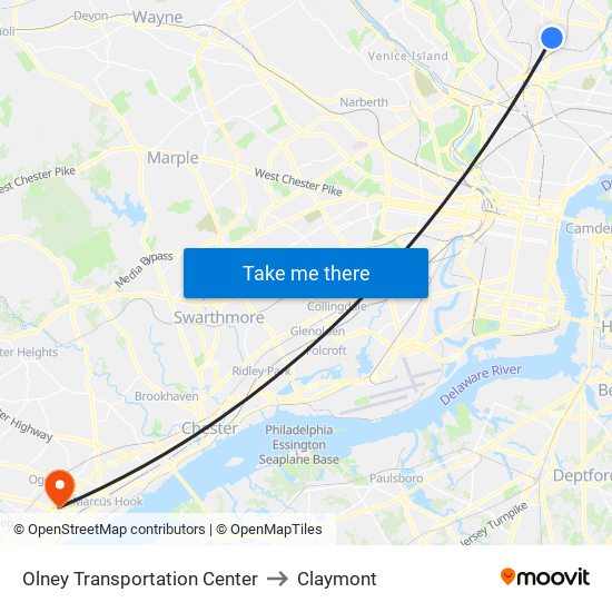 Olney Transportation Center to Claymont map