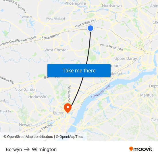 Berwyn to Wilmington map