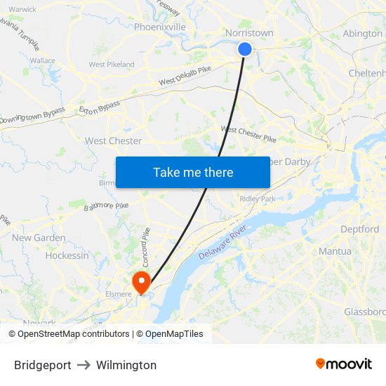 Bridgeport to Wilmington map