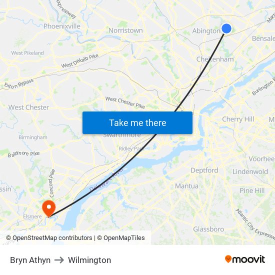 Bryn Athyn to Wilmington map