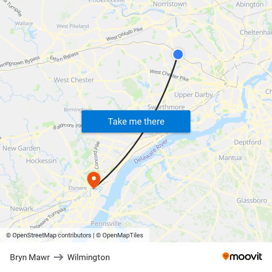 Bryn Mawr to Wilmington map