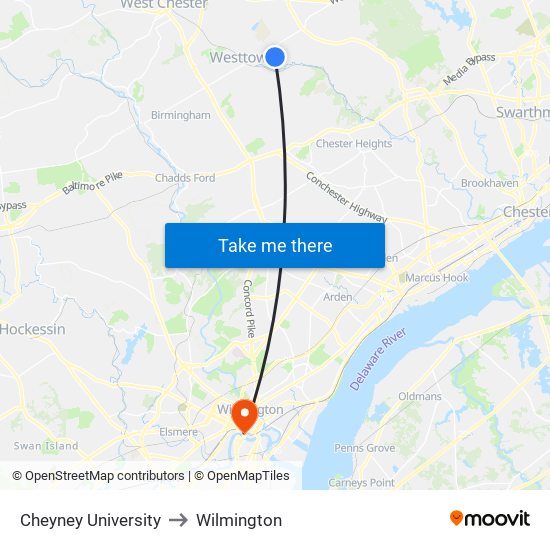 Cheyney University to Wilmington map