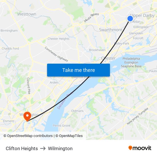 Clifton Heights to Wilmington map