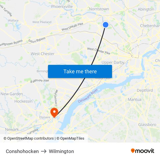 Conshohocken to Wilmington map