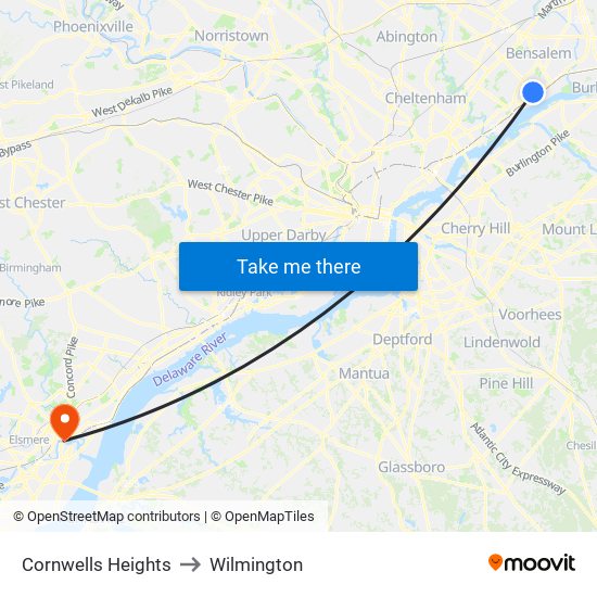 Cornwells Heights to Wilmington map