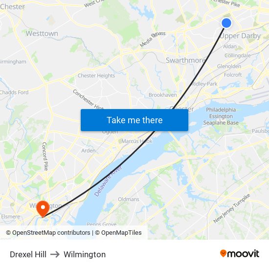 Drexel Hill to Wilmington map