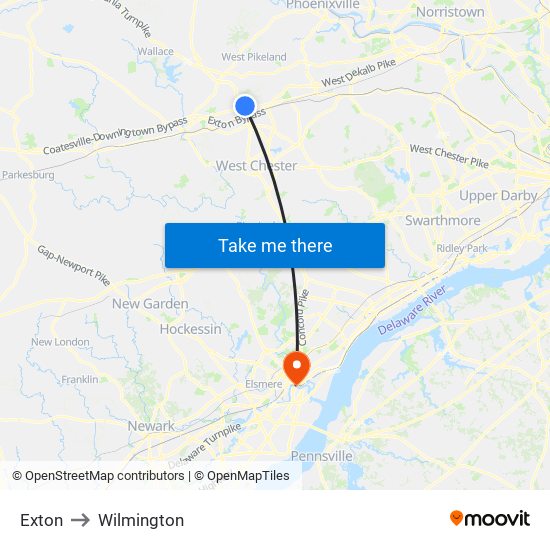 Exton to Wilmington map