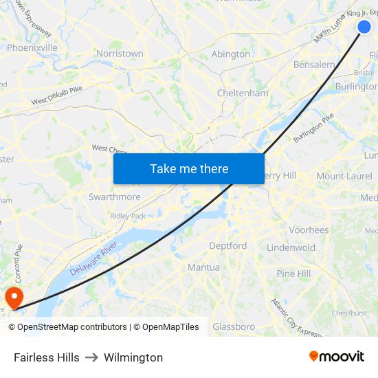Fairless Hills to Wilmington map