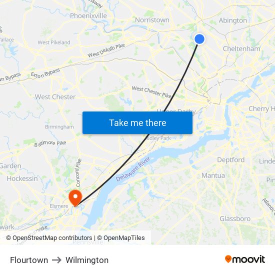 Flourtown to Wilmington map