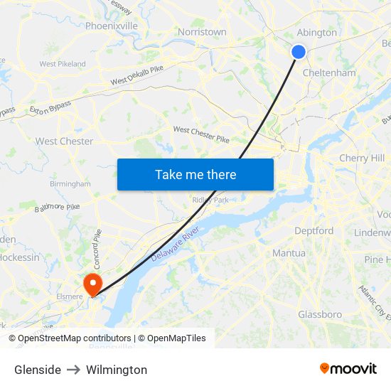 Glenside to Wilmington map