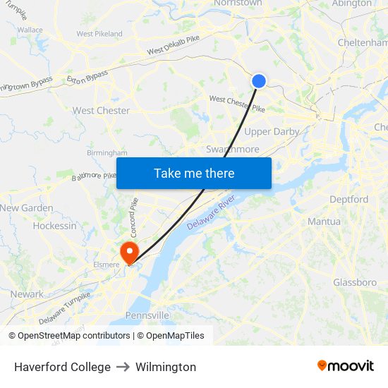 Haverford College to Wilmington map