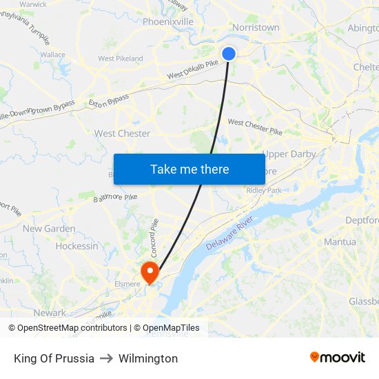 King Of Prussia to Wilmington map