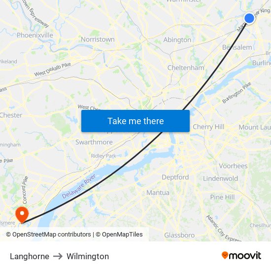 Langhorne to Wilmington map