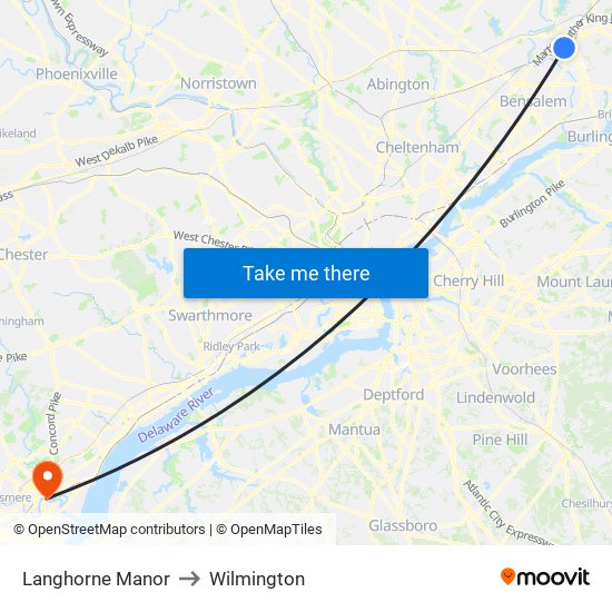 Langhorne Manor to Wilmington map