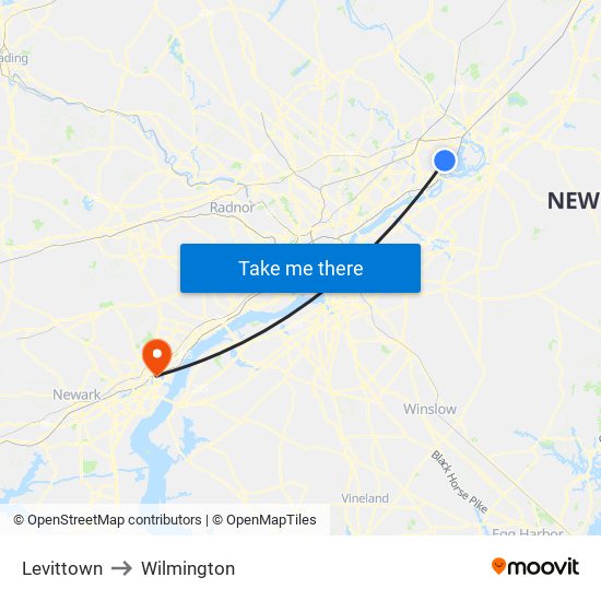 Levittown to Wilmington map